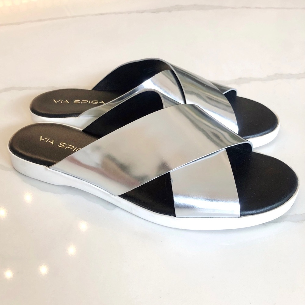 Via Spiga Jai Metallic Silver Sandals Slide 7.5